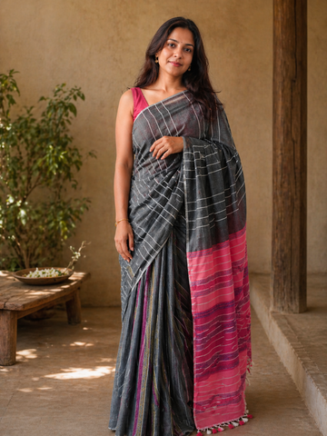 Grey Pink Striped Cotton Handloom Kantha Stitch Saree