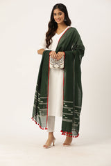 Bottle Green  & White Mul Cotton Handloom Jamdani Dupatta with tassels- NEW!