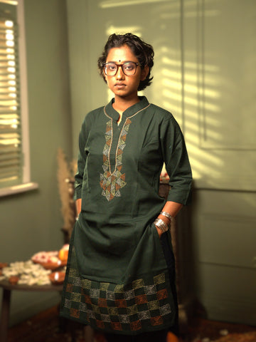 Dark Green Kantha Cotton Kurta