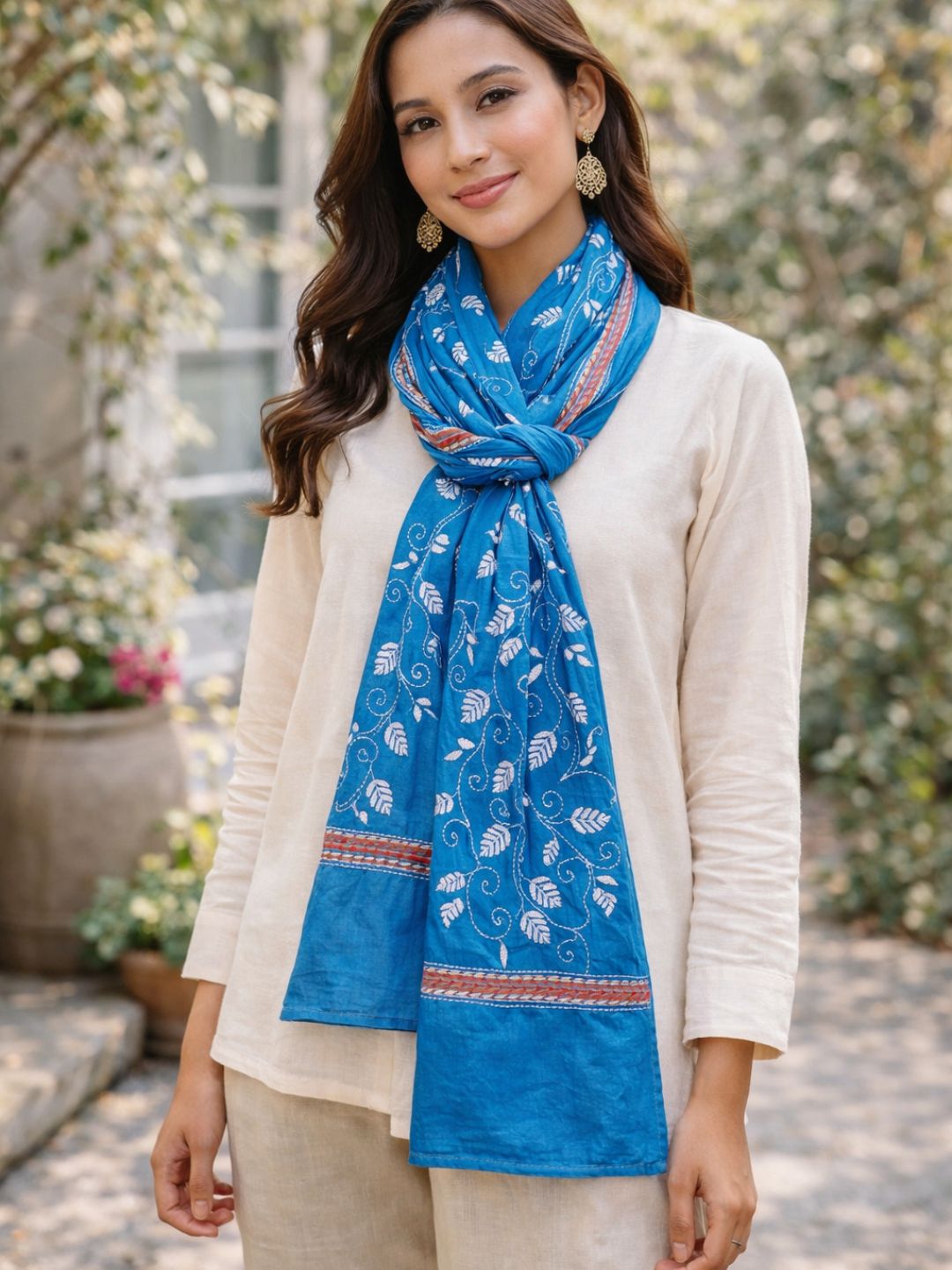 Blue white Cotton Kantha Stole