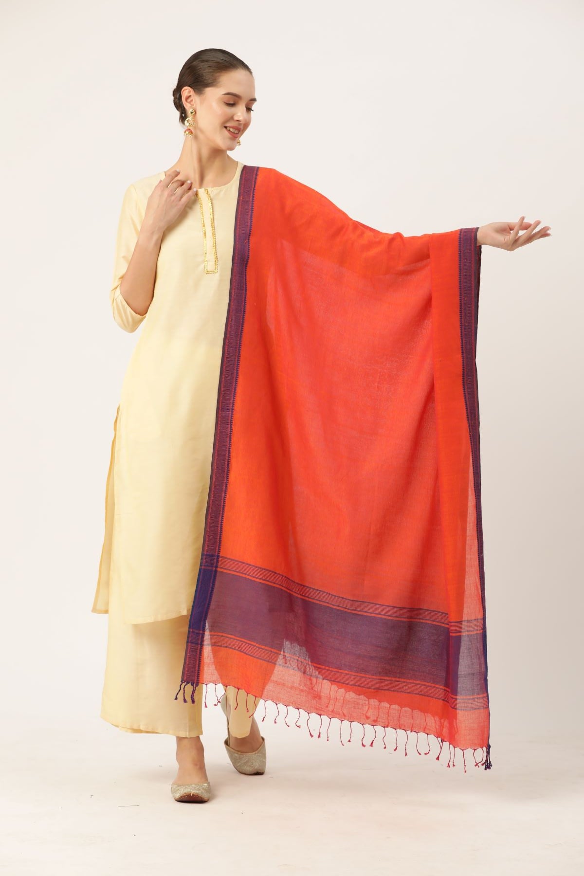Orange & Blue Handloom Cotton Jacquard Dupatta with tassels- NEW!