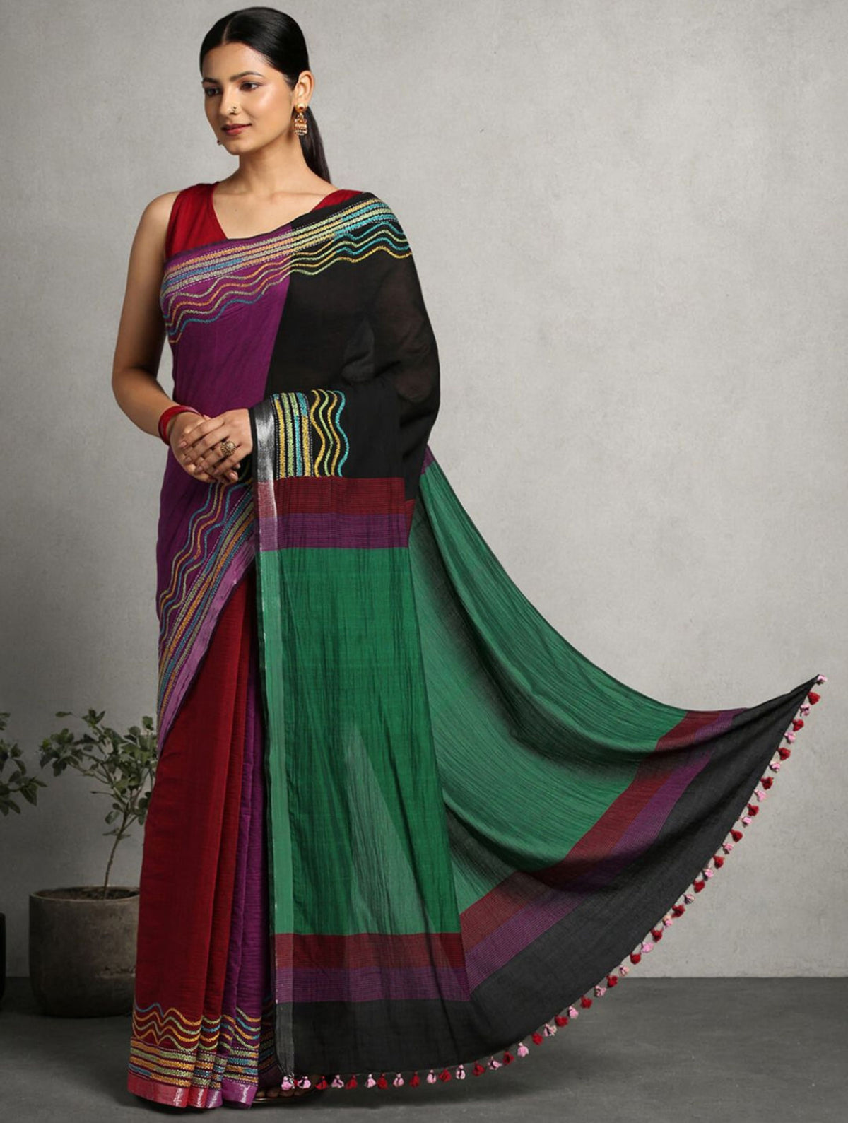 ArtEastri Handloom Black Magenta Colorblock Cotton  Kantha Saree