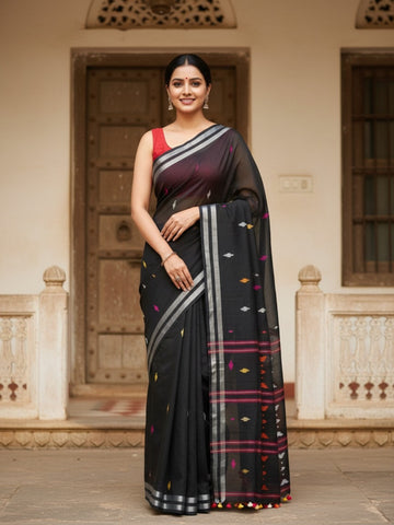 Black Handloom Jamdani Cotton Saree