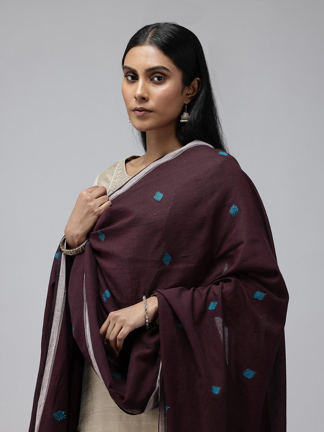 Chocolate Blue Jamdani Cotton Buti Dupatta