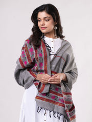 Grey Pink Floral Khesh Kantha Stitch Cotton Stole for women