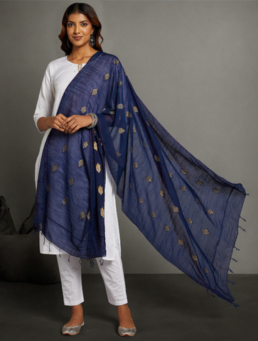 Navy Zari  Woven Jacquard Cotton Dupatta