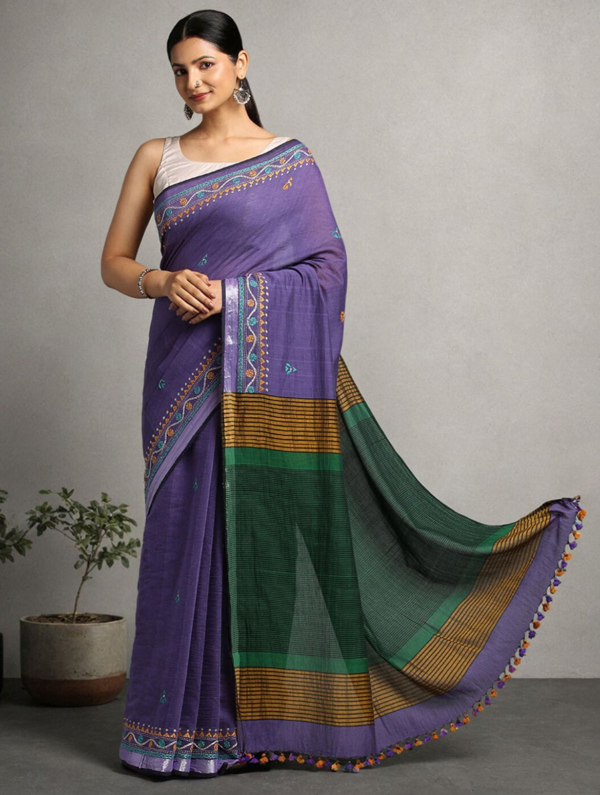 ArtEastri Handloom Violet Kantha Cotton Saree