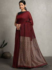 ArtEastri Maroon Solid Cotton Saree with Blouse piece