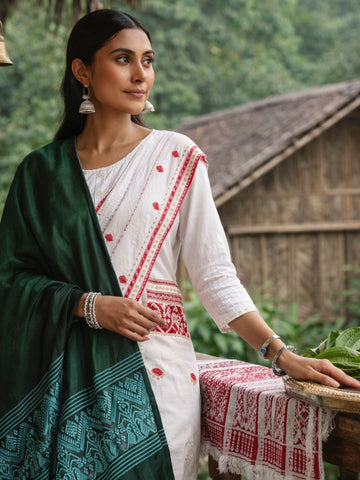 Green Blue Handloom Silk cotton Assamese Dupatta