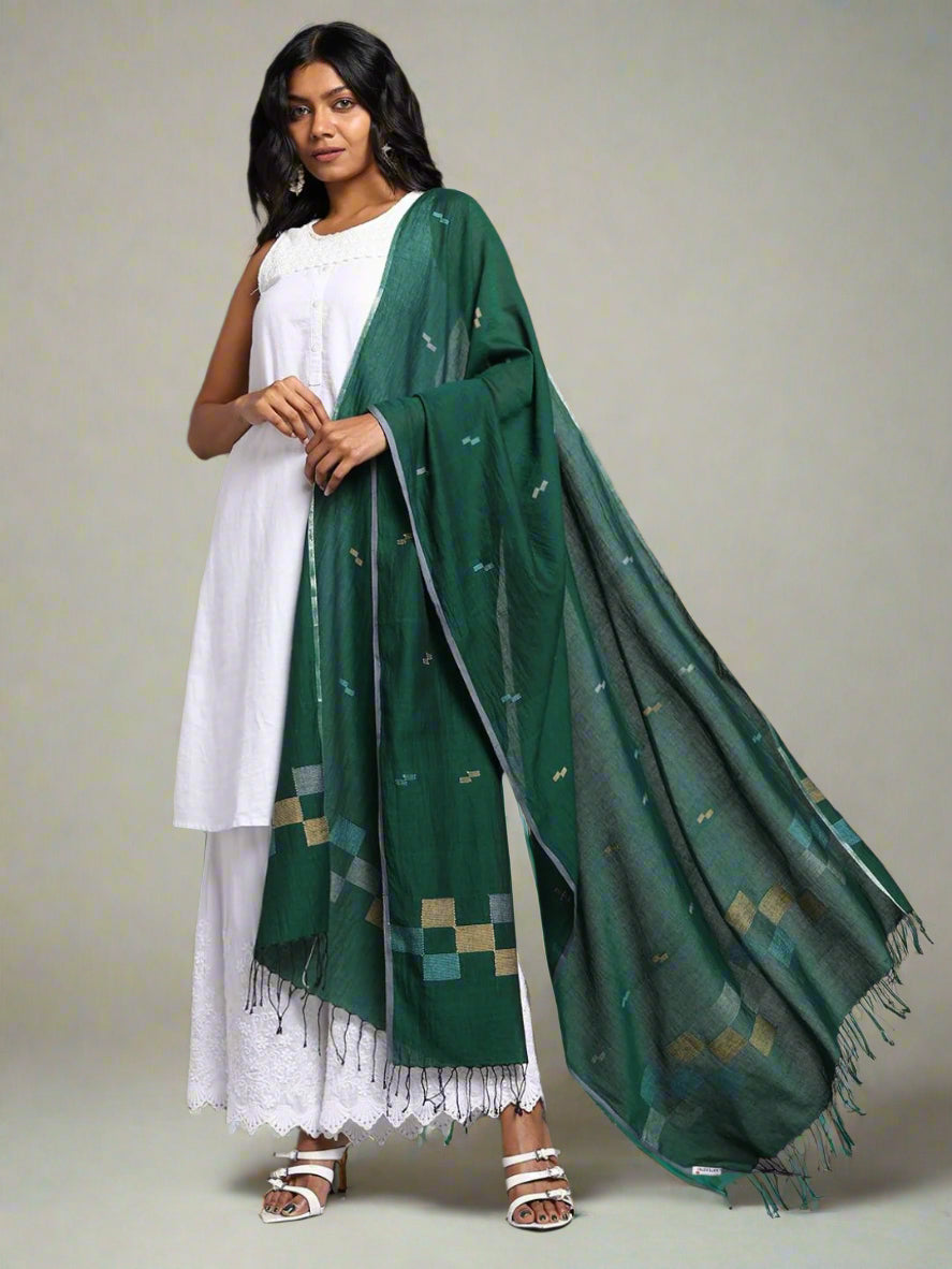 Bottle Green Mul cotton Handloom Jamdani Dupatta