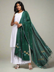 Bottle Green Mul cotton Handloom Jamdani Dupatta