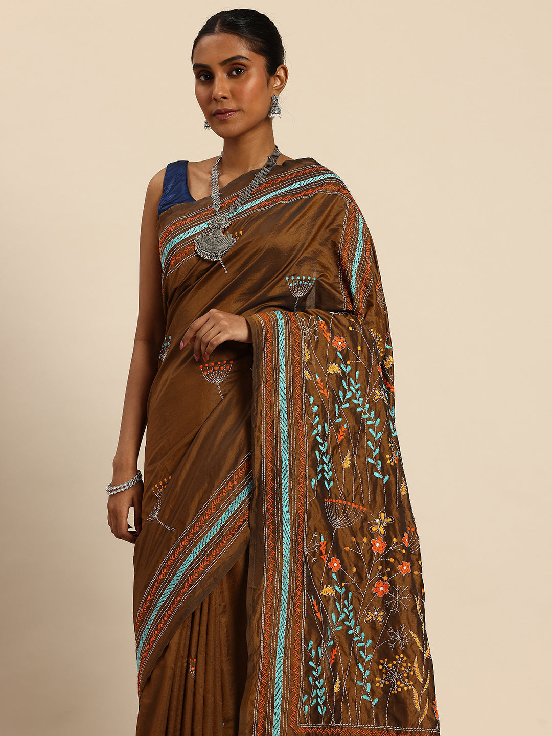 ArtEastri Dark Brown Mocha Art Silk Kantha Stitch Saree with Blouse Piece