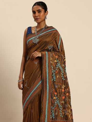 ArtEastri Dark Brown Mocha Art Silk Kantha Stitch Saree with Blouse Piece