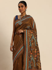 ArtEastri Dark Brown Mocha Art Silk Kantha Stitch Saree with Blouse Piece