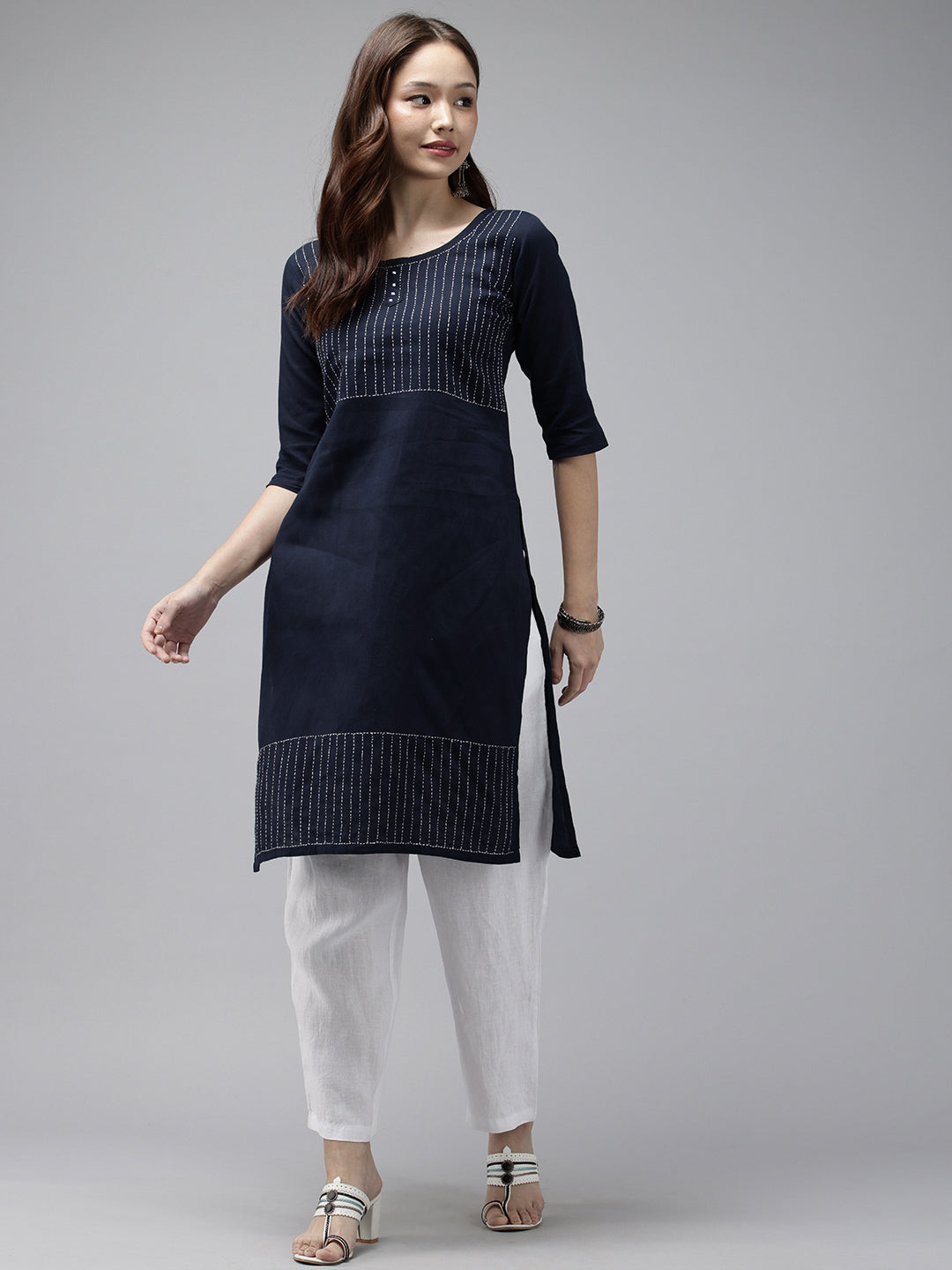 Navy Kantha Cotton Kurta