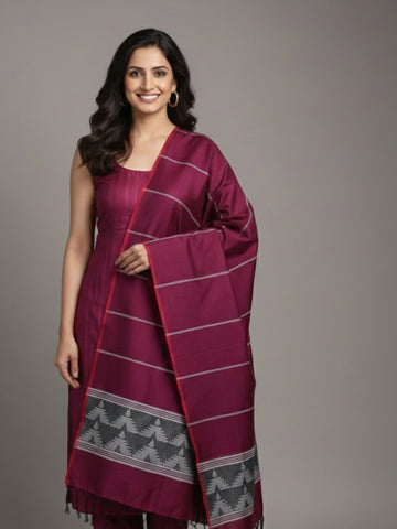Handloom Mulberry Wine  Blended Silk Dupatta