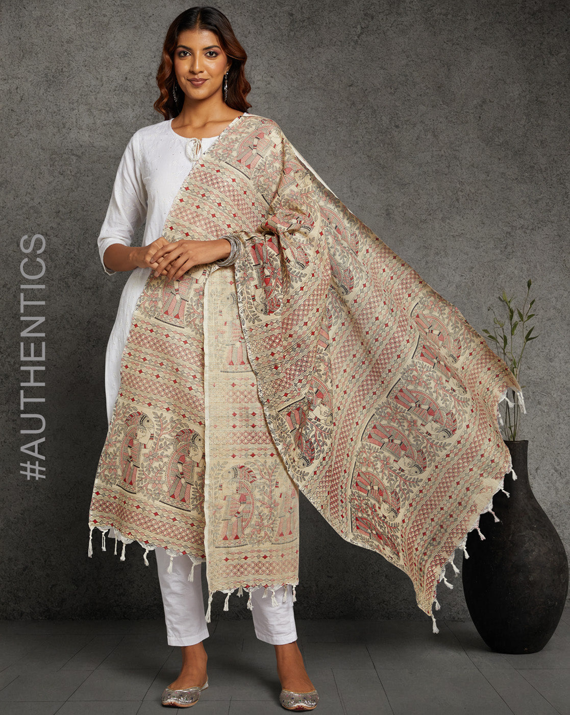 Pure Cotton Madhubani Print Dupatta- Machli Design