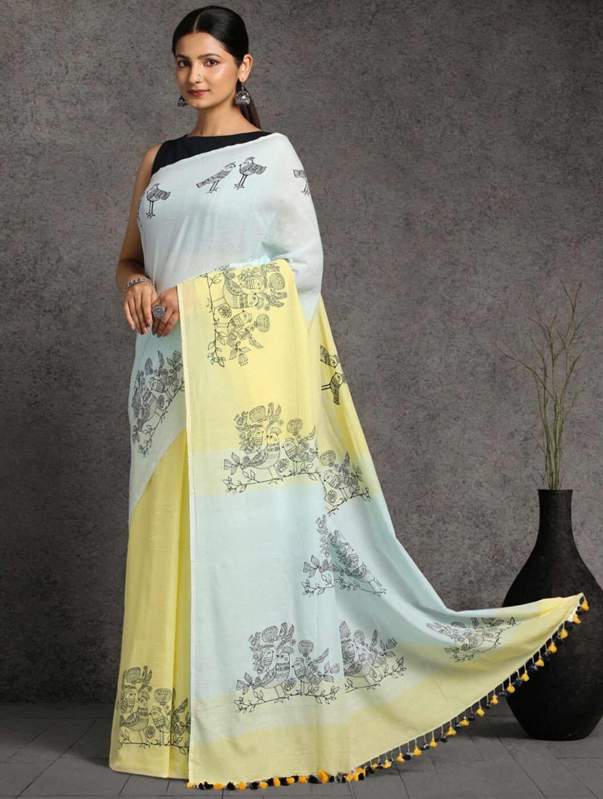 ArtEastri Sky Blue & Yellow Bird Handloom Cotton Print Saree