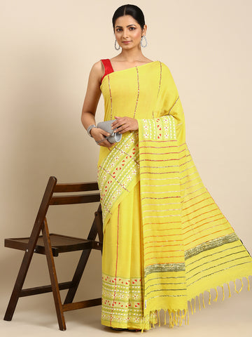 Yellow Khesh Kantha Cotton  Saree