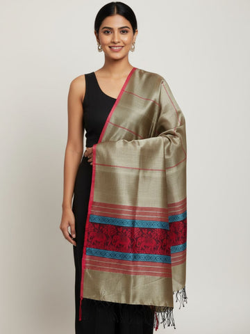 Sage Green Red Blended Silk Handloom Baluchari Dupatta