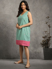 Sea Green Pink Cotton Handloom Dress