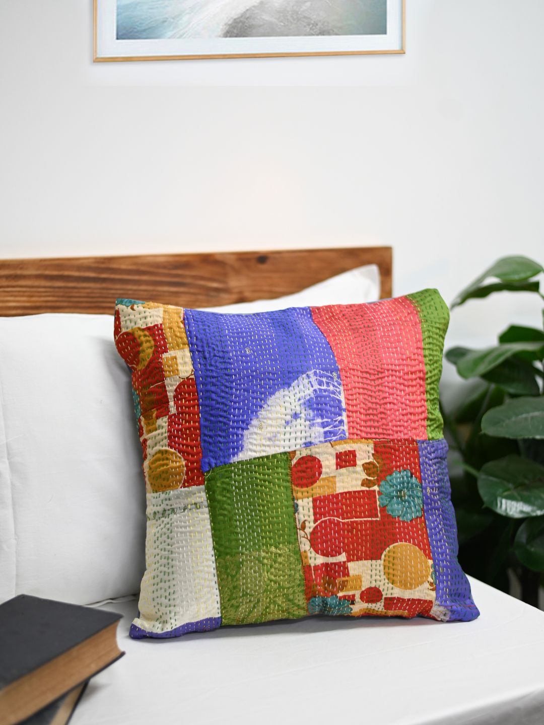 Multicolour Vintage Silk Patch Kantha stitch embroidered Cushion cover - Pack of 1- Grey Back