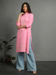 Baby Pink Kantha Cotton Kurta