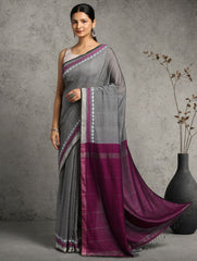 ArtEastri Handloom Grey Purple Cotton Kantha Saree