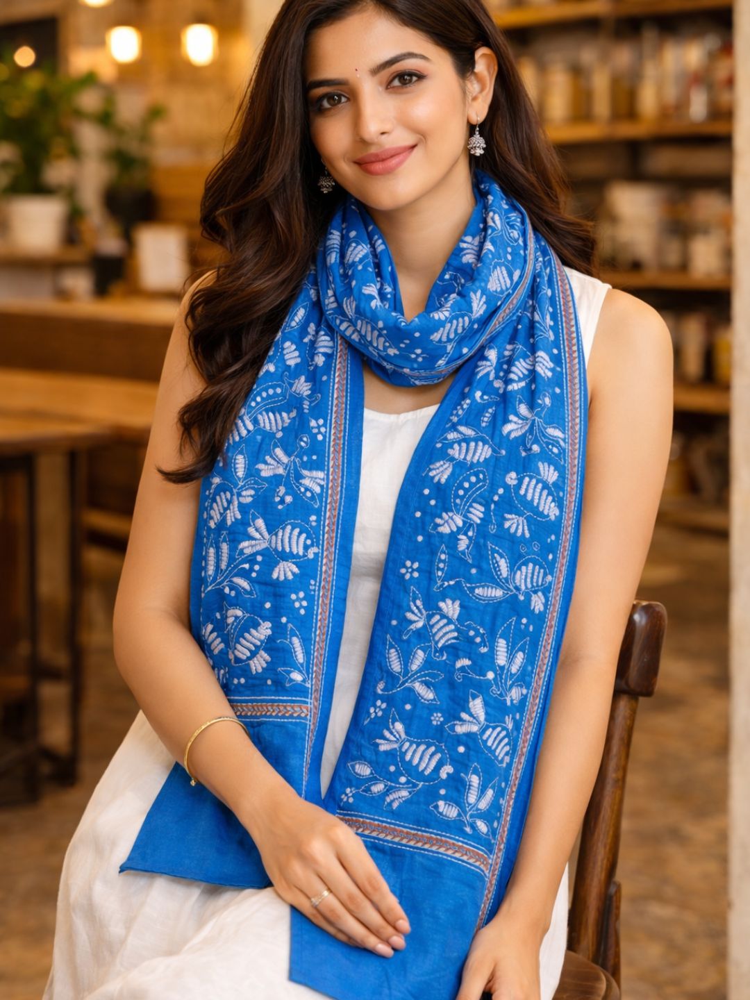 Blue Fish Motif Kantha Stole