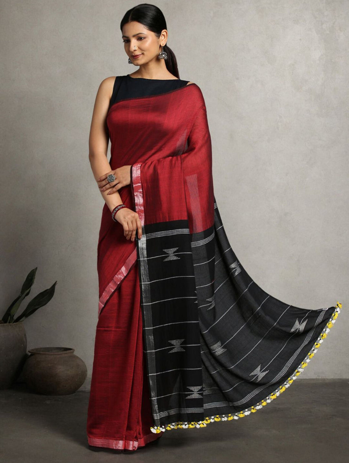 ArtEastri Black Maroon Cotton Handloom Saree