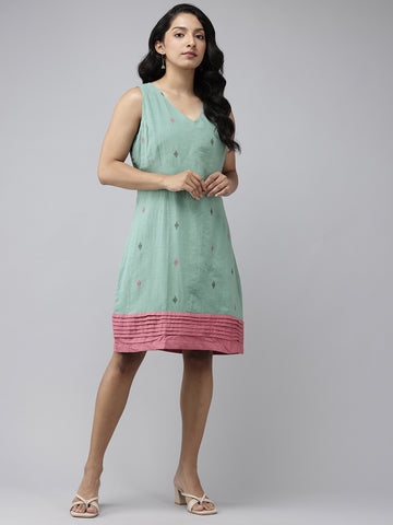 Sea Green Pink Cotton Handloom Dress