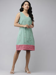 Sea Green Pink Cotton Handloom Dress