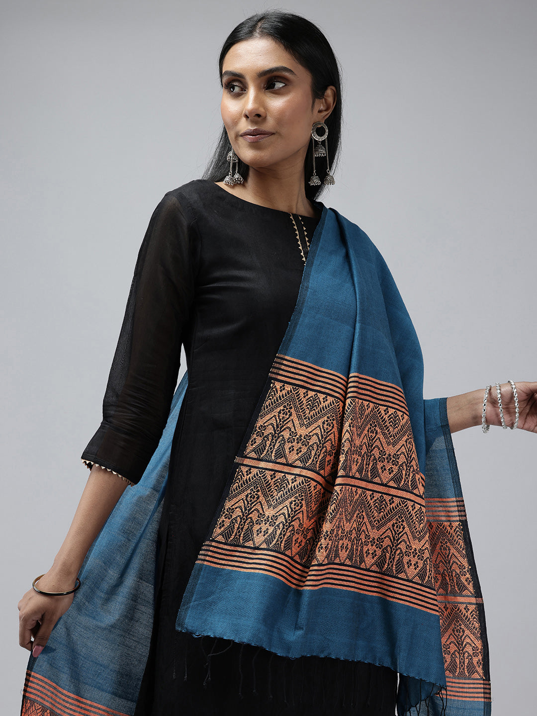 Blue Biege Assamese silk Cotton Dupatta
