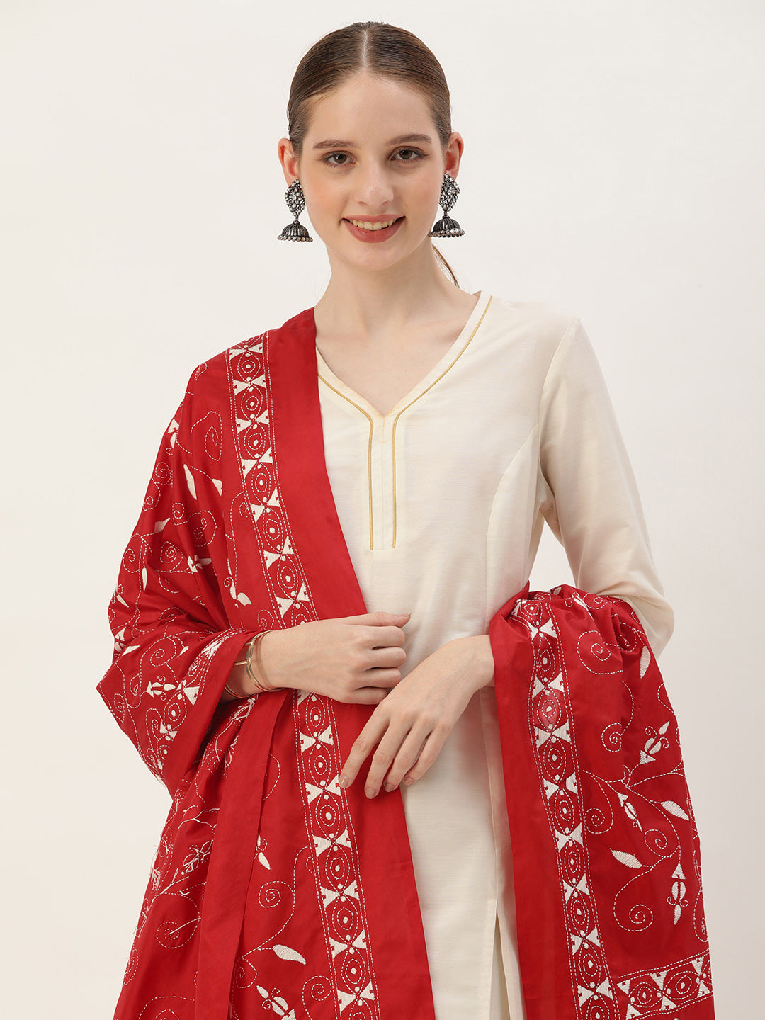 Red White Floral Hand Kantha work Silk Dupatta