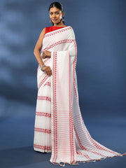 ArtEastri  White Red Pure Cotton Saree with Blouse piece