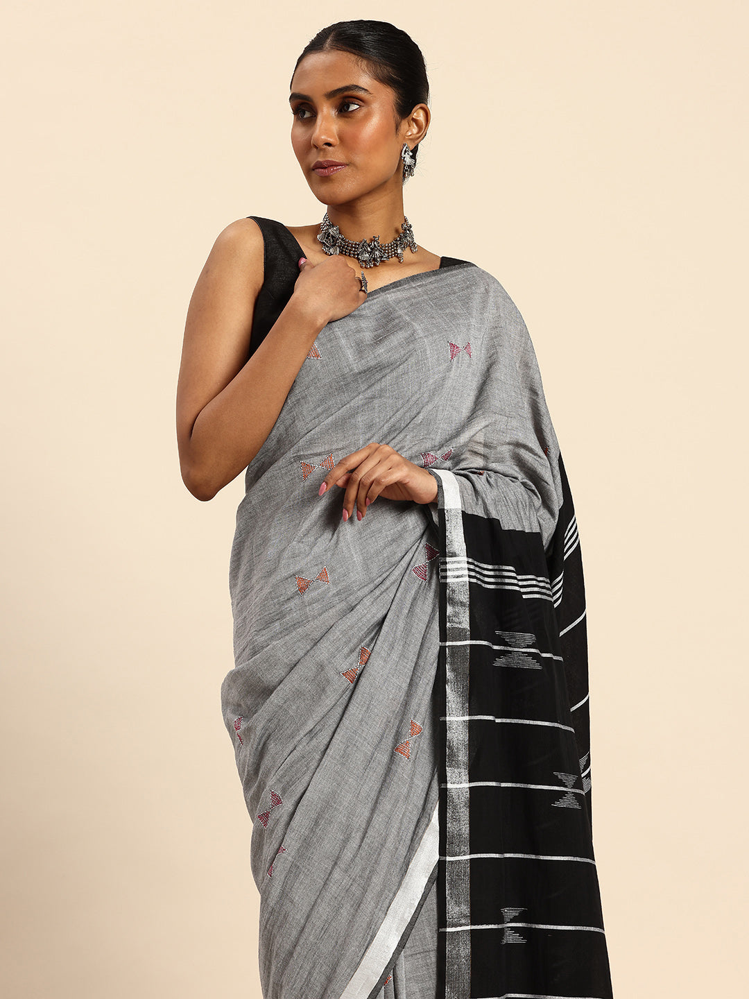 ArtEastri Grey Black Handloom Cotton Kantha Stitch Saree
