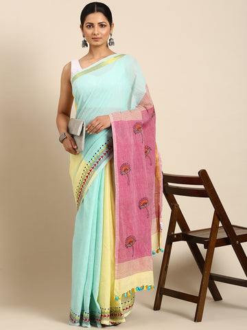 Blue Pink Pure Cotton Kantha Stitch saree