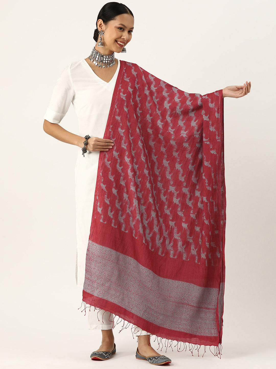 Grey & Red Hand Woven Shibori Silk Dupatta