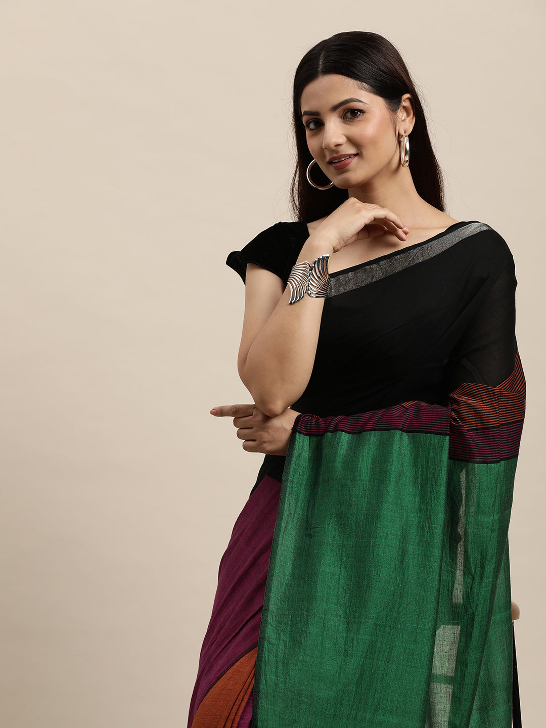 Colour block Cotton Saree with pompoms