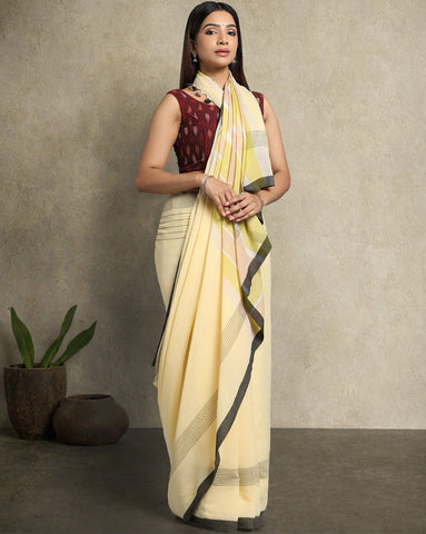 Yellow Cream Colour Block Cotton Saree with pompoms