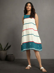 Cream Teal Green Cotton Handloom Striped dress