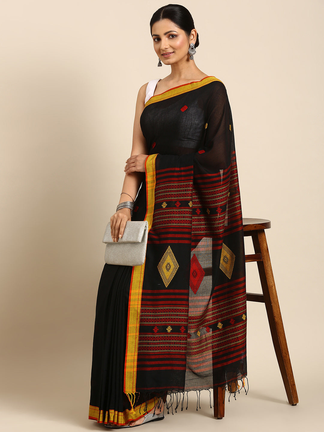 Black Yellow Handcrafted Jacquard Weave Cotton saree
