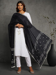 Black & White Handloom Jamdani Cotton Dupatta with Pompoms