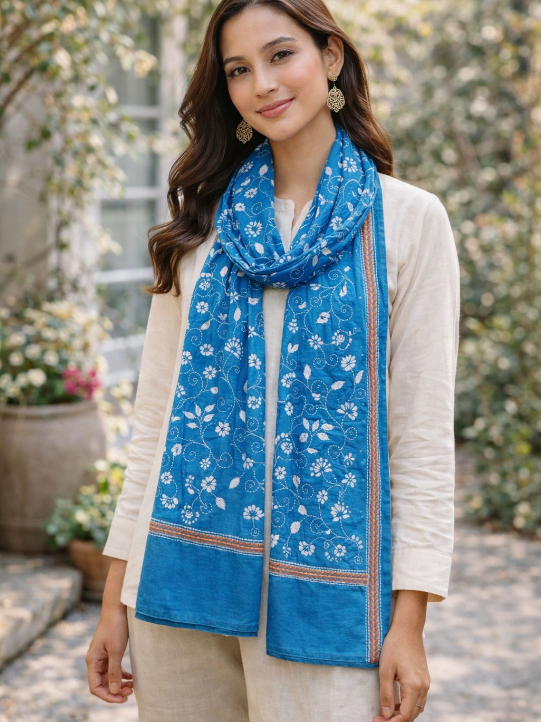 Blue white Floral Cotton Kantha Stitch Stole