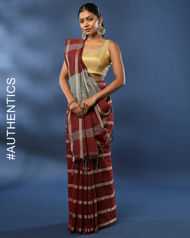 ArtEastri Maroon cotton Woven Saree with Blouse piece
