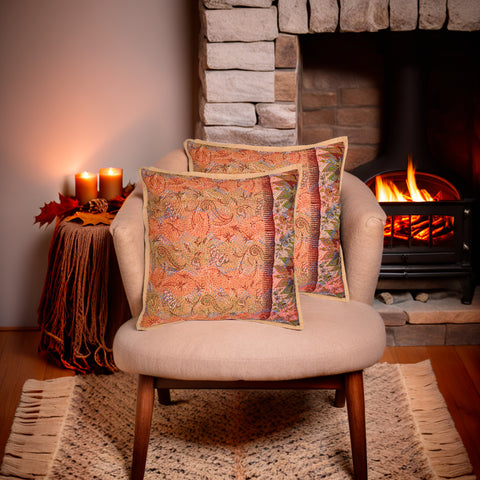 Brown Printed Rust Silk Hand Kantha stitch embroidered Reversible Cushion Cover- Pack of 1