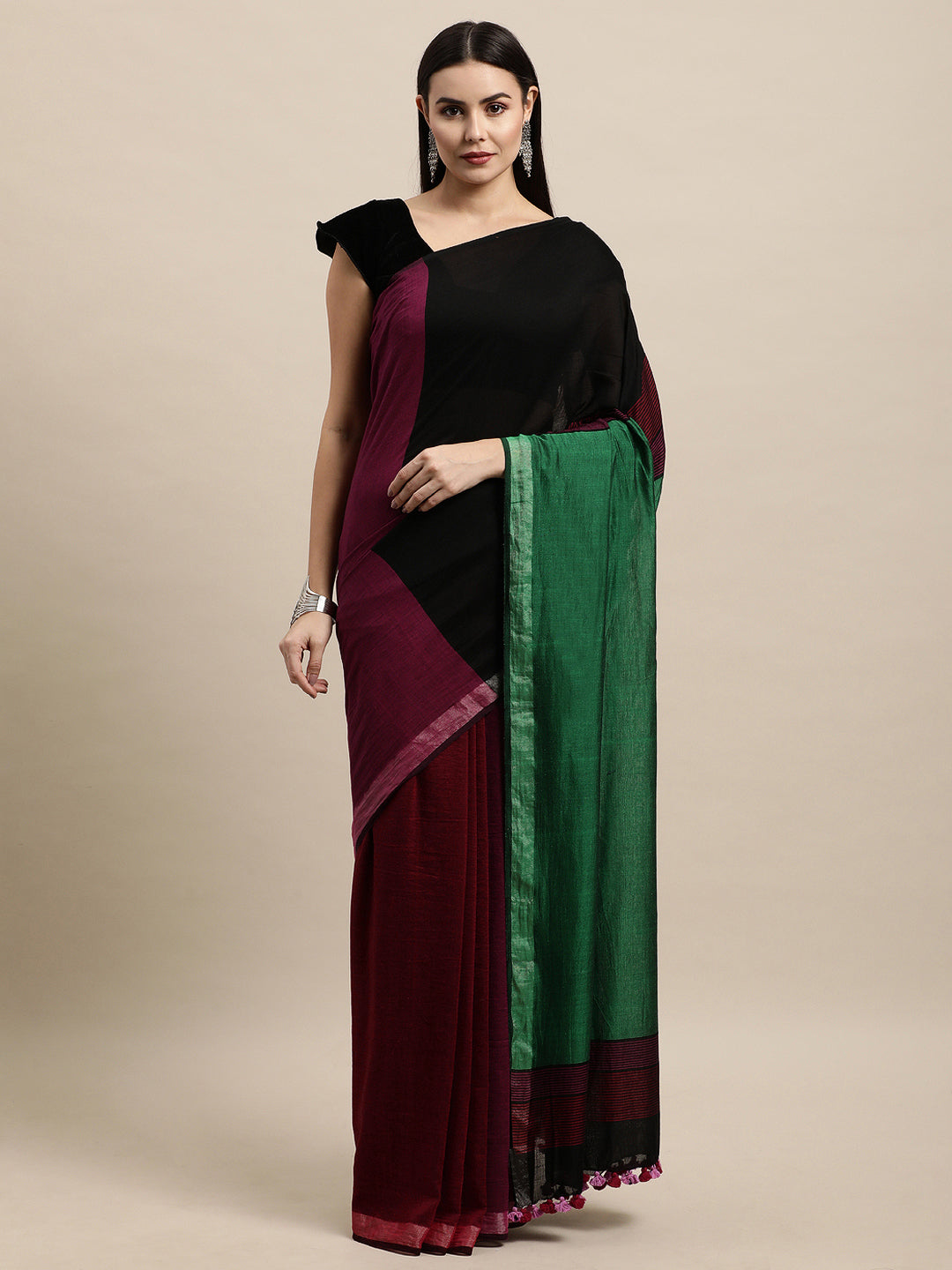 Colour block Cotton Saree with pompoms