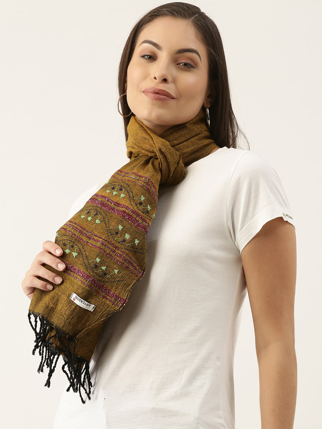 Brown and Green Khesh Kantha Cotton Stole