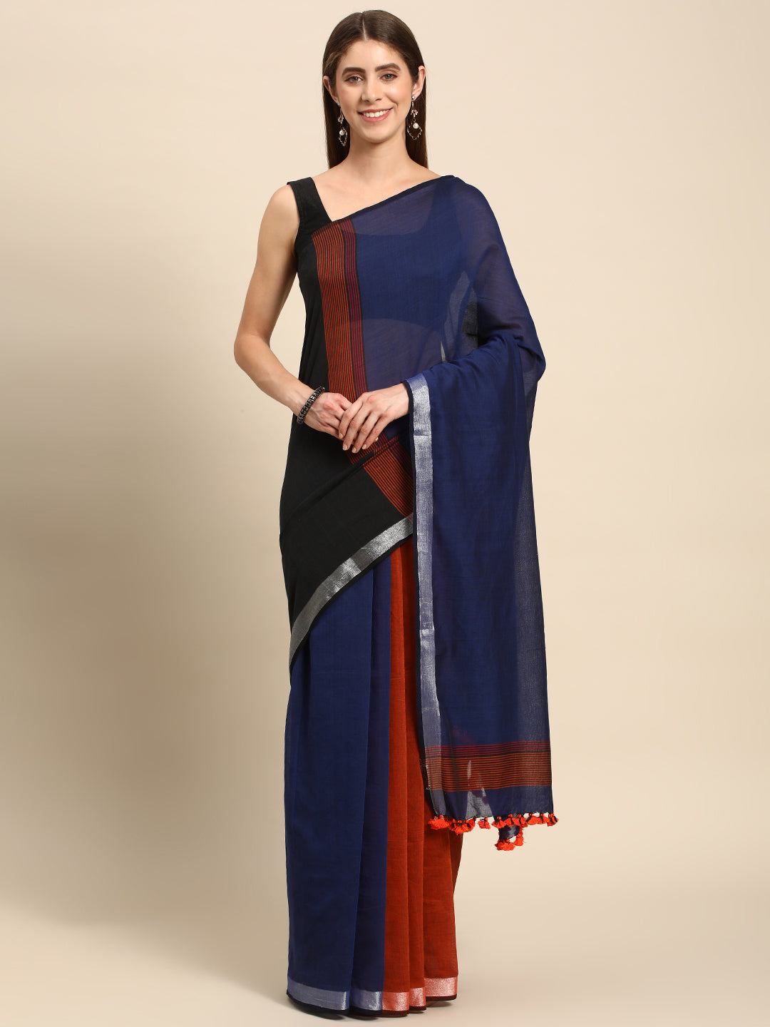 Colour block Cotton Saree with pompoms