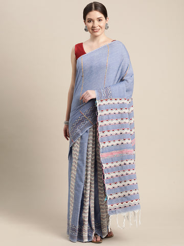 Sky Blue Khesh Kantha Cotton Saree
